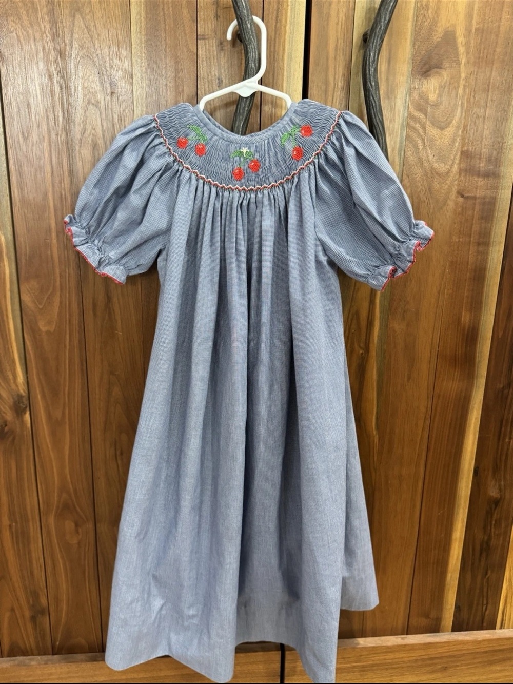 Vintage Amanda Remembered Girls 6 Smocked Dress Blue Check Embroidered Cherries